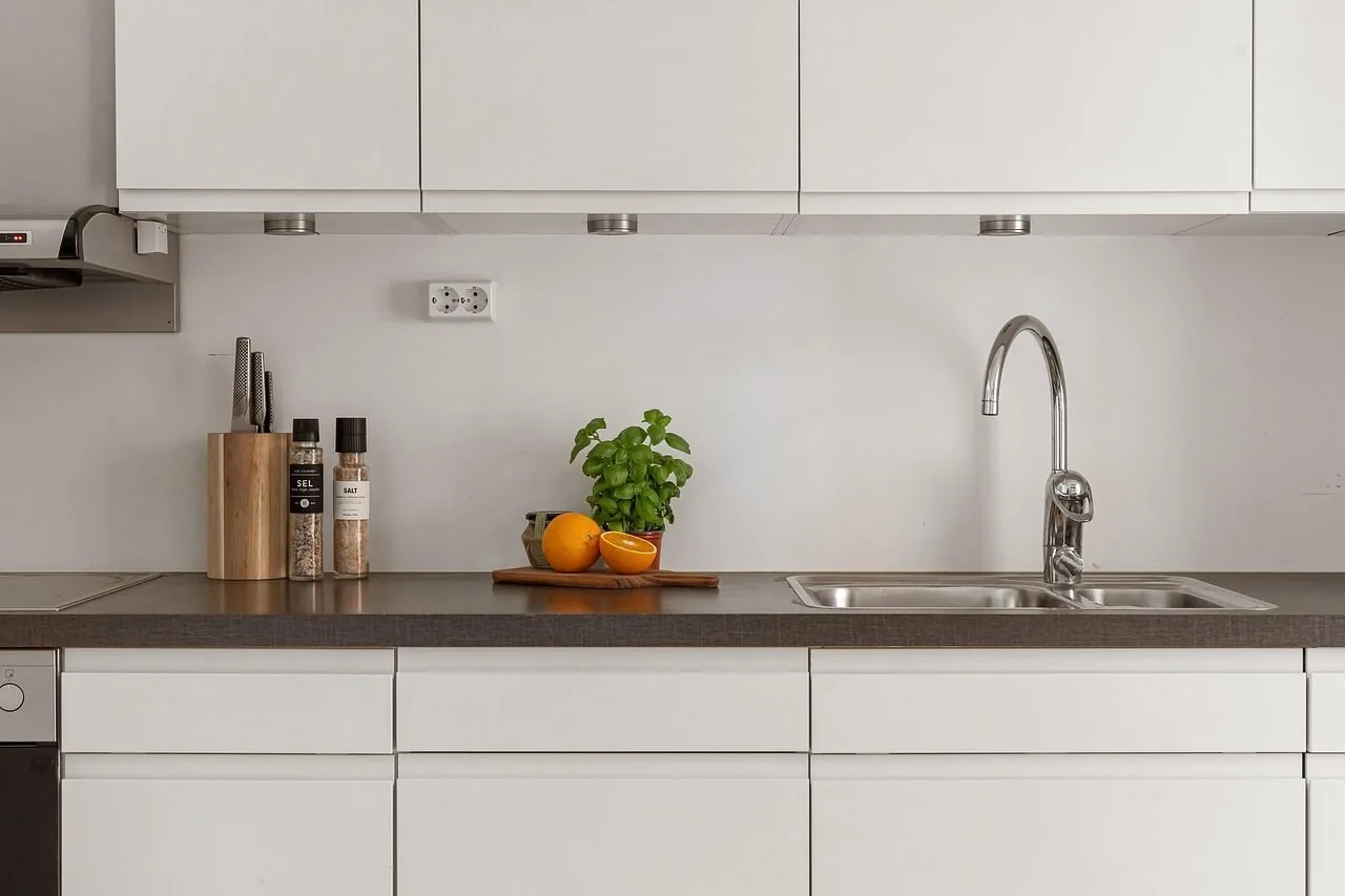 An open cabinet under a kitchen sink with organizer bins