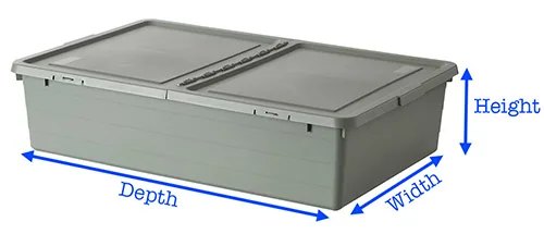 A grey storage box with arrows marking depth, width and height